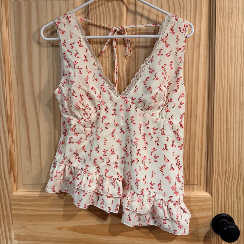 Wild Fable Floral Lace Trim Ruffle Hem Tie Back Cami Top Cream Pink Small NWT
